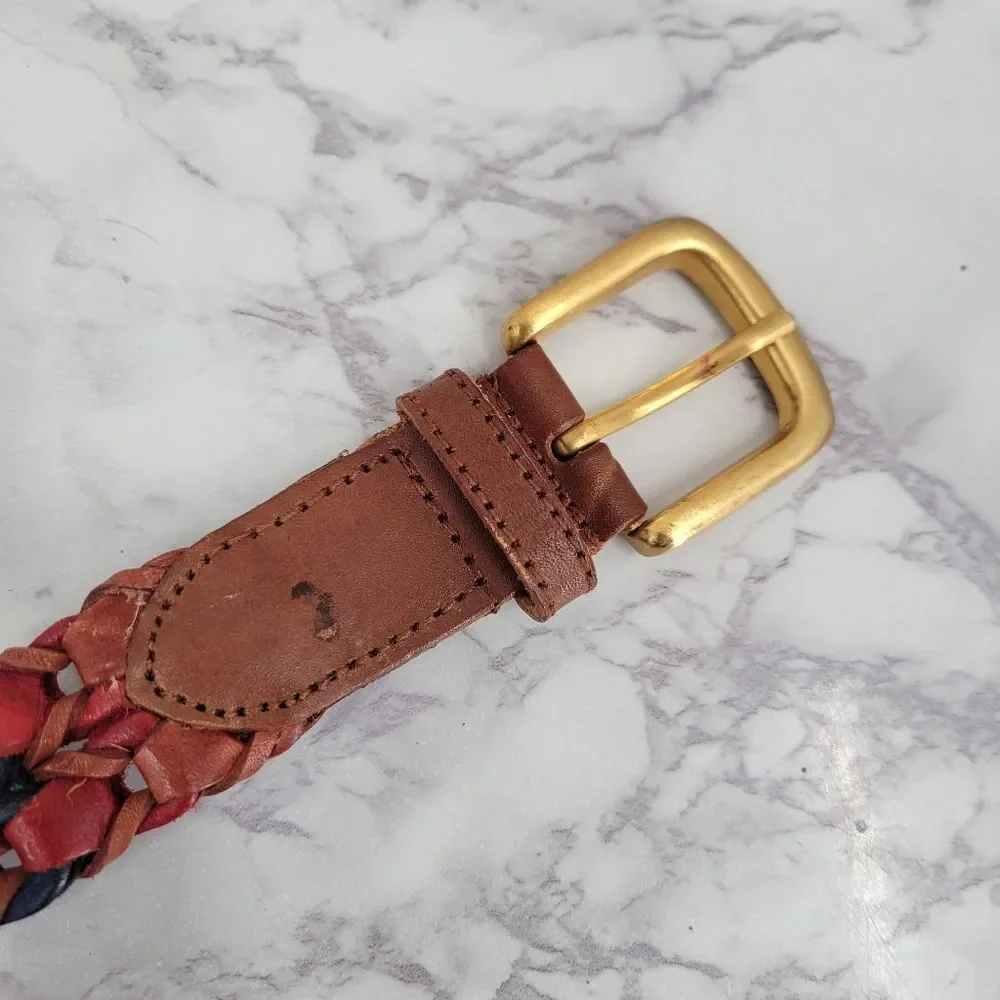 Vintage Woven Multicolor Leather Belt with Gold Tone Buckle